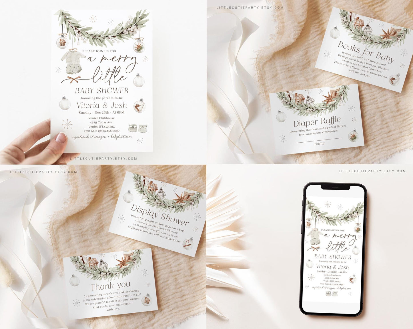 Editable A Merry Little Baby Shower Invitation Bundle, Retro Christmas Baby Shower Bundle Set with Games Bundle and Shower Decor MRYBS002