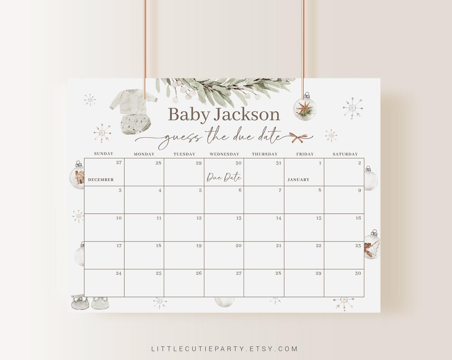 Editable A Merry Little Baby Shower Due Date Calendar, Cozy Winter Baby Shower Calendar Games for Christmas Baby Shower MRYBS002