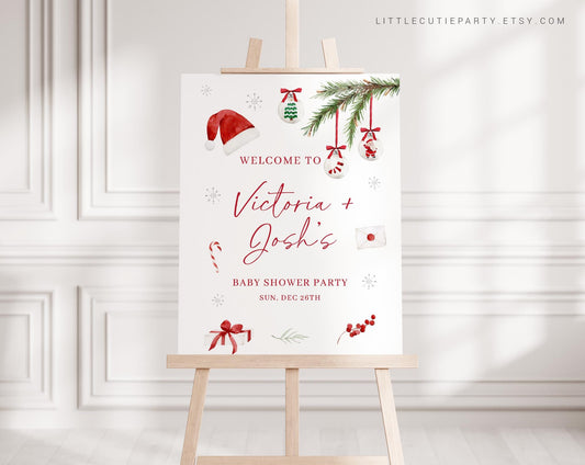 Editable Santa Baby Shower Welcome Sign, Christmas Baby Shower Sign, Welcome Board, Winter Welcome Template SNTBS002