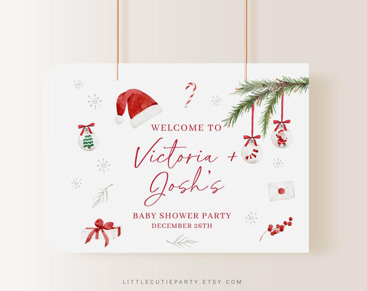 Editable Santa Baby Shower Backdrop, Winter Baby Shower Banner, Shower Sign for Baby Christmas Banner Welcome Sign SNTBS002