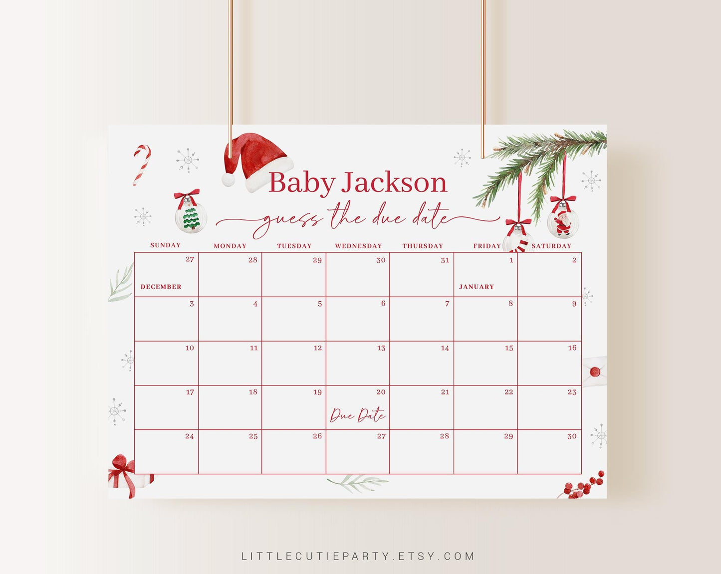 Editable Santa Baby Shower Due Date Calendar, Chriatmas Baby Shower Calendar Games for Winter Baby Shower SNTBS002