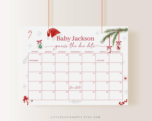 Editable Santa Baby Shower Due Date Calendar, Chriatmas Baby Shower Calendar Games for Winter Baby Shower SNTBS002