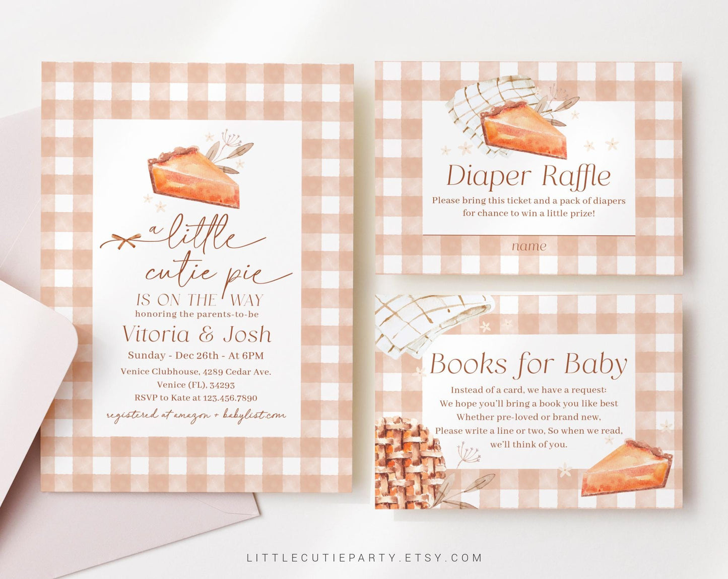 Editable Cutie Pie Baby Shower Invitation, Our Little Cutie Pie Invitation with Diaper Raffle, Books for Baby and Tag CTPBS001