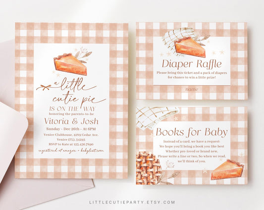 Editable Cutie Pie Baby Shower Invitation, Our Little Cutie Pie Invitation with Diaper Raffle, Books for Baby and Tag CTPBS001