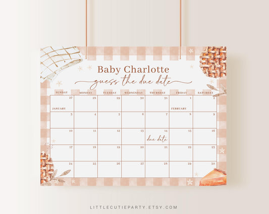 Editable Cutie Pie Baby Shower Due Date Calendar, Little Cutie Pie Baby Shower Calendar Games for Thanksgiving Baby Shower CTPBS001