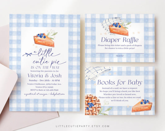 Editable Blue Cutie Pie Baby Shower Invitation, Fall theme Baby Shower Boy Invitation with Diaper Raffle, Books for Baby and Tag CTPBS002