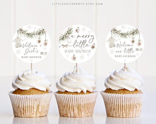 Editable A Merry Little Baby Cake Toppers, Cozy Winter Baby Shower Cupcake Toppers, Baby Shower Cake Topper, Cake Topper Decoration MRYBS002