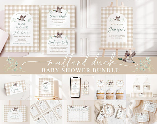 Editable Mallard Baby Shower Invitation Bundle, Gingham Duck Bundle with Games Bundle and Mallard Baby Shower Decorations MALBS002