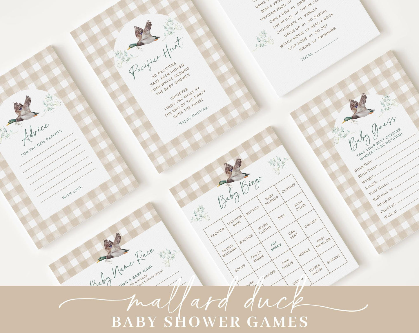 Editable Mallard Baby Shower Invitation Bundle, Gingham Duck Bundle with Games Bundle and Mallard Baby Shower Decorations MALBS002