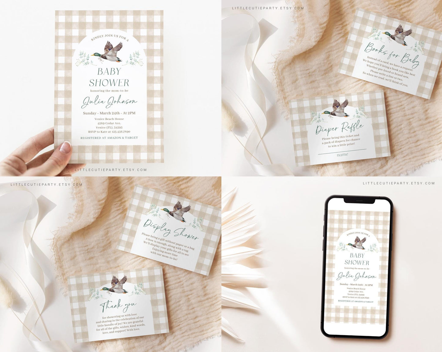 Editable Mallard Baby Shower Invitation Bundle, Gingham Duck Bundle with Games Bundle and Mallard Baby Shower Decorations MALBS002