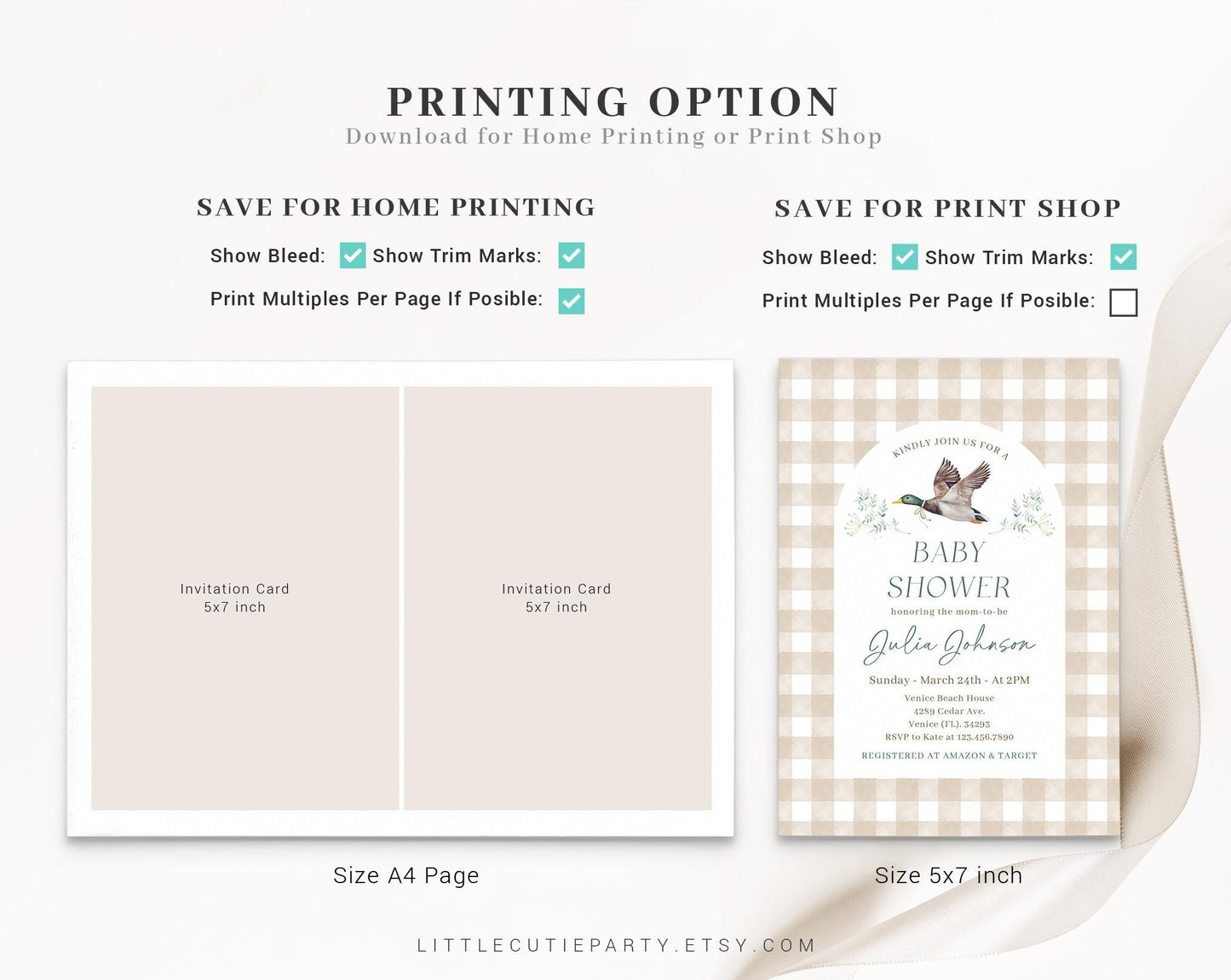 Editable Mallard Baby Shower Invitation, Hunting Baby Shower Gender Neutral with Diaper Raffle, Books for Baby and Tag MALBS002
