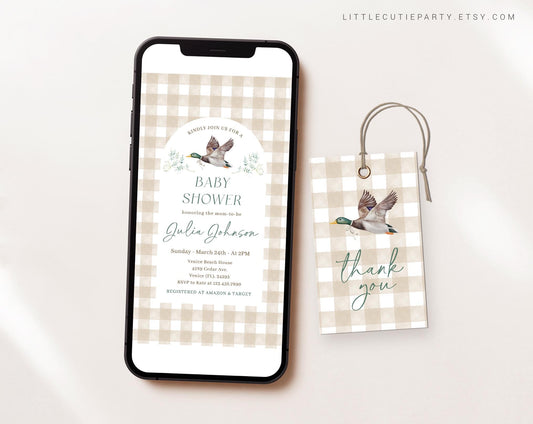 Editable Mallard Duck Baby Shower Invite, Mallard Baby Shower Invite Set, Gingham Duck Digital Invitation Evite MALBS002