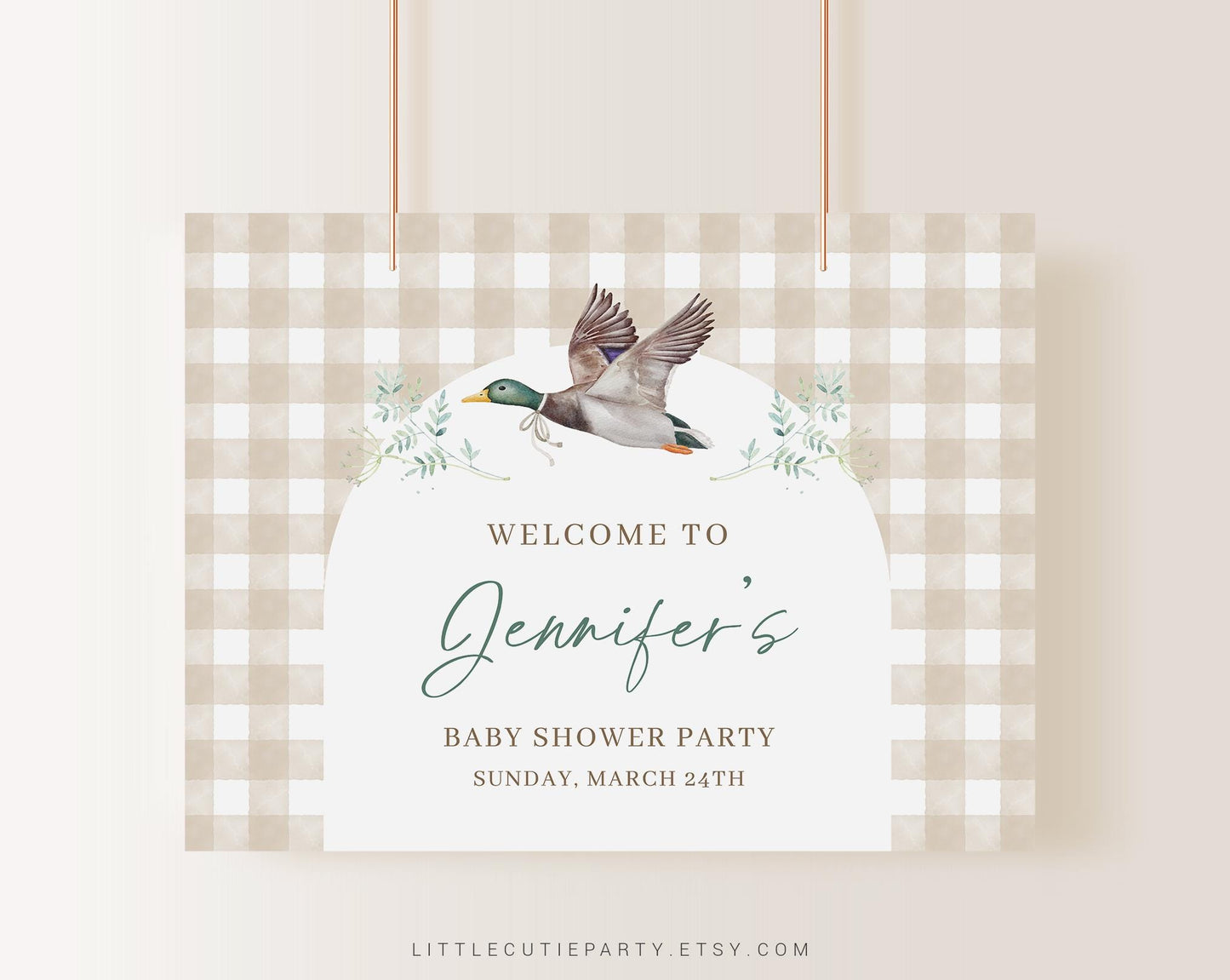 Editable Mallard Baby Shower Banner, Gingham Duck Baby Shower Backdrop, Shower Sign for Mallard Baby Shower Decorations MALBS002
