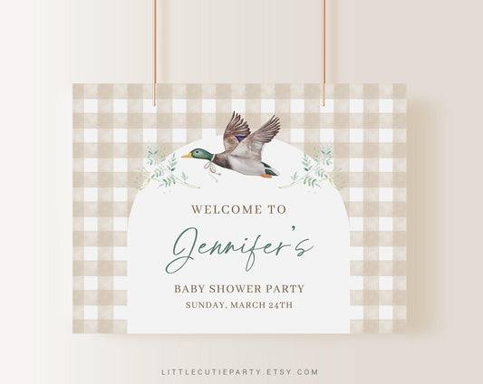 Editable Mallard Baby Shower Banner, Gingham Duck Baby Shower Backdrop, Shower Sign for Mallard Baby Shower Decorations MALBS002