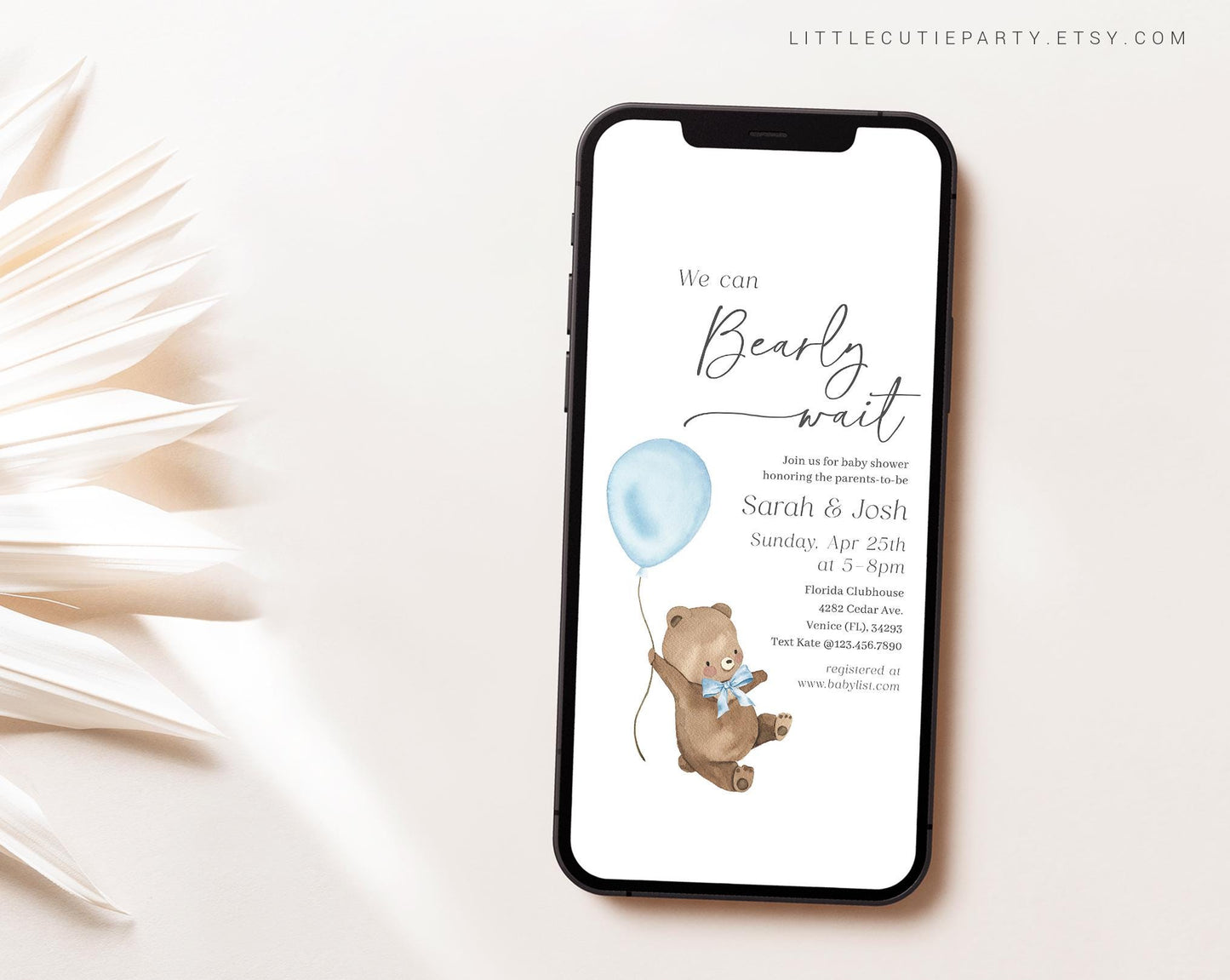 Editable Bearly Wait Boy Invite, We Can Bearly Wait Blue Baby Shower Invitation, Electronic Invite for Baby Shower Party with Tag BRWBS002