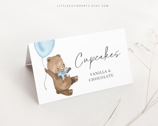Editable Bearly Wait Blue Baby Shower Food Labels, Food Tent cards, Folded Food Cards for Bearly Wait Boy Baby Shower Decor Theme BRWBS002