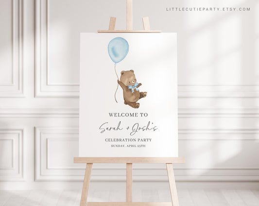 Editable Bearly Wait Boy Welcome Sign, Bearly Wait Blue Baby Shower Backdrop, Welcome Board, Bear Boy Baby Shower Decoration BRWBS002