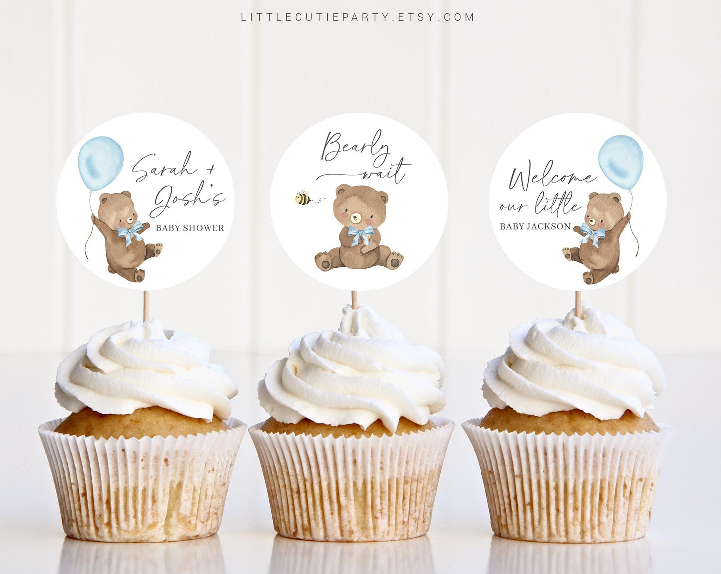Editable Bearly Wait Boy Cake Topper, We Can Bearly Wait Blue Cupcake Toppers, Baby Shower Cake Topper for Bearly Wait Decor BRWBS002