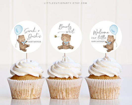 Editable Bearly Wait Boy Cake Topper, We Can Bearly Wait Blue Cupcake Toppers, Baby Shower Cake Topper for Bearly Wait Decor BRWBS002