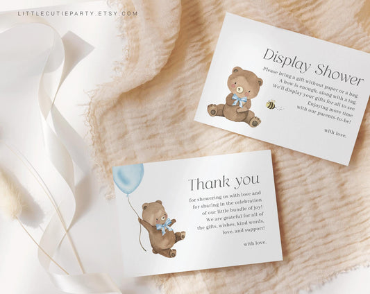 Editable We can Bearly Wait Boy Shower Thank you Card, Bearly Wait Blue Baby Shower Display Card for Baby Shower Party BRWBS002
