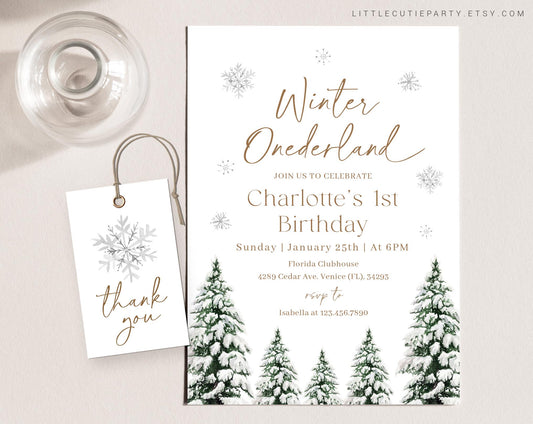 Editable Winter Onederland First Birthday Invitation, Winter 1st Birthday Invitation, Winter First Birthday Card with Gift Tag WIOBD001