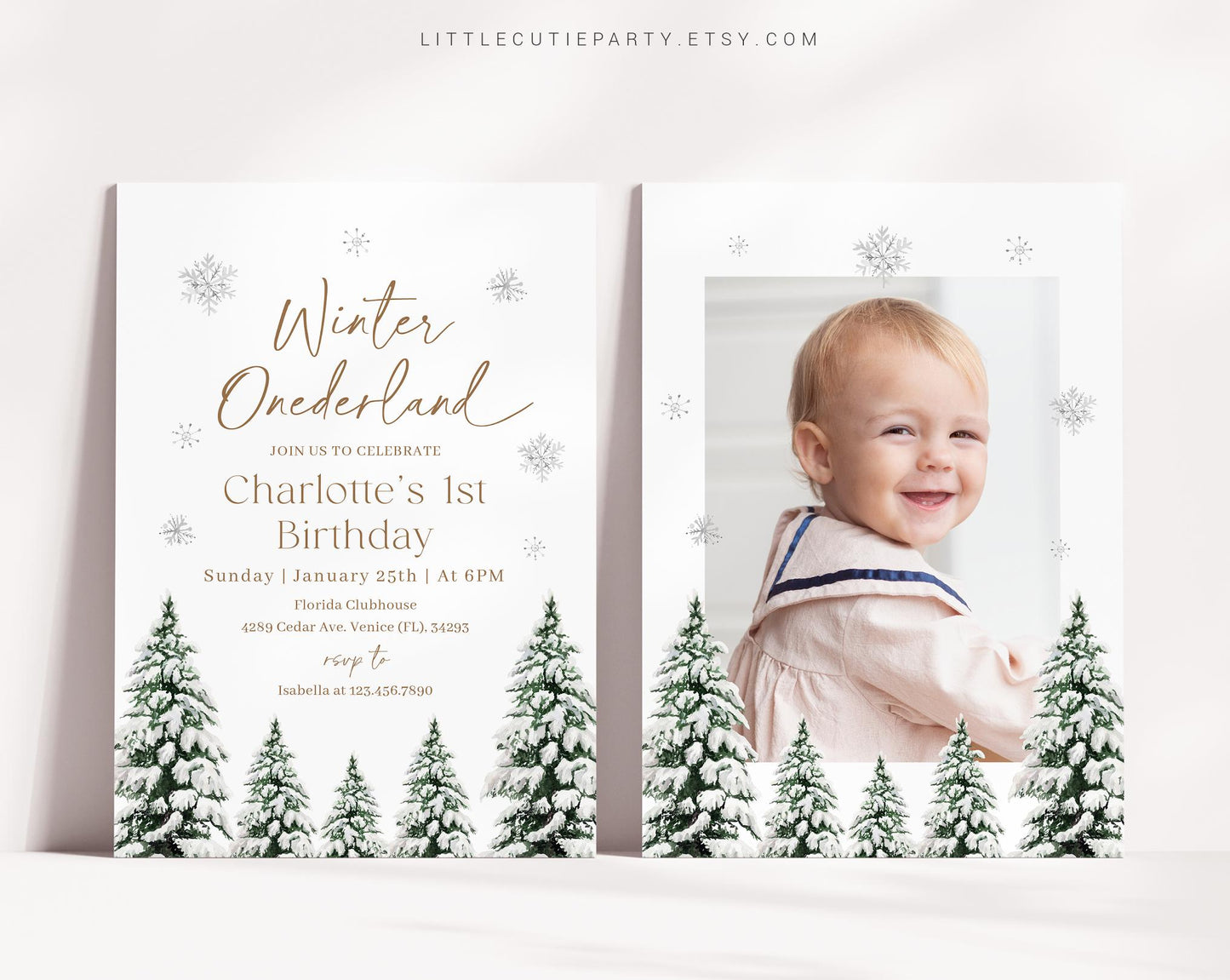Editable Winter One-derland Birthday Invitation with Picture, Winter First Birthday Invitation, Winter Invitation with Favor Tag WIOBD001