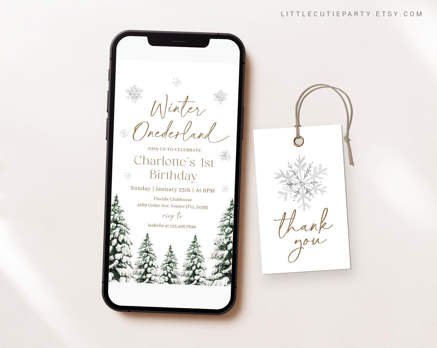 Editable Winter First Birthday Invite, Winter Birthday Evite Template with Picture, Winteronederland Digital Invite with Gift Tag WIOBD001
