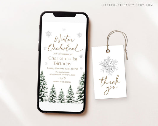 Editable Winter First Birthday Invite, Winter Birthday Evite Template with Picture, Winteronederland Digital Invite with Gift Tag WIOBD001