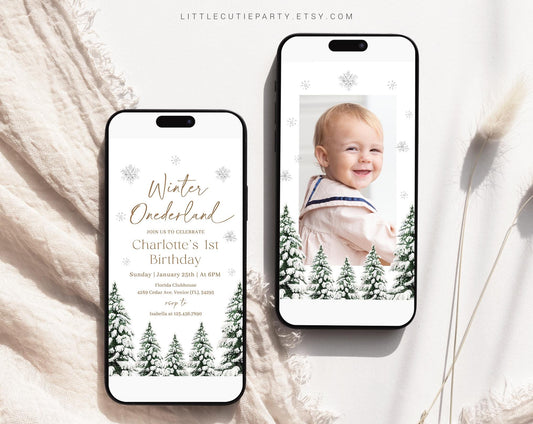 Editable Winter First Birthday Invite, Winter Birthday Evite Template with Picture, Winteronederland Digital Invite with Gift Tag WIOBD001
