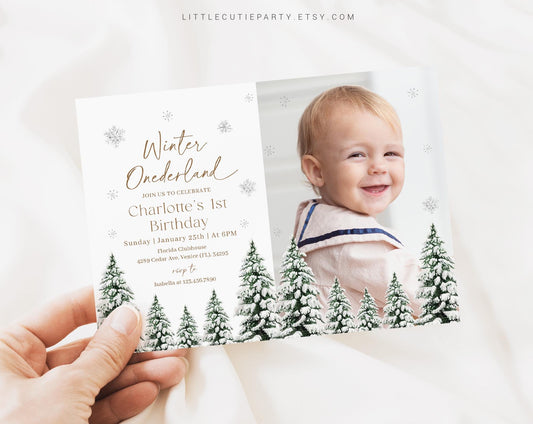 Editable Winter Onederland Birthday Invitation with Picture, Winter First Birthday Invite, Winteronederland Birthday with Gift Tag WIOBD001