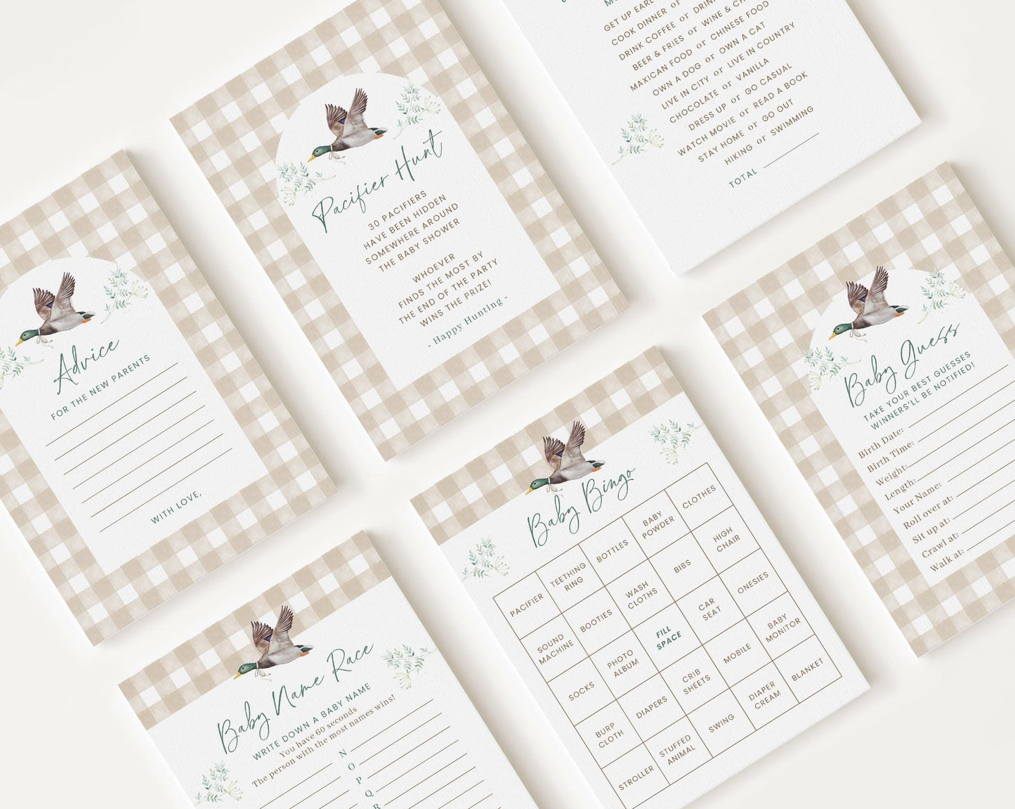 10 Editable Mallard Baby Shower Games Bundle, Gingham Duck Baby Shower Bingo Games Bundle, Mallard Duck Baby Shower Party Games MALBS002