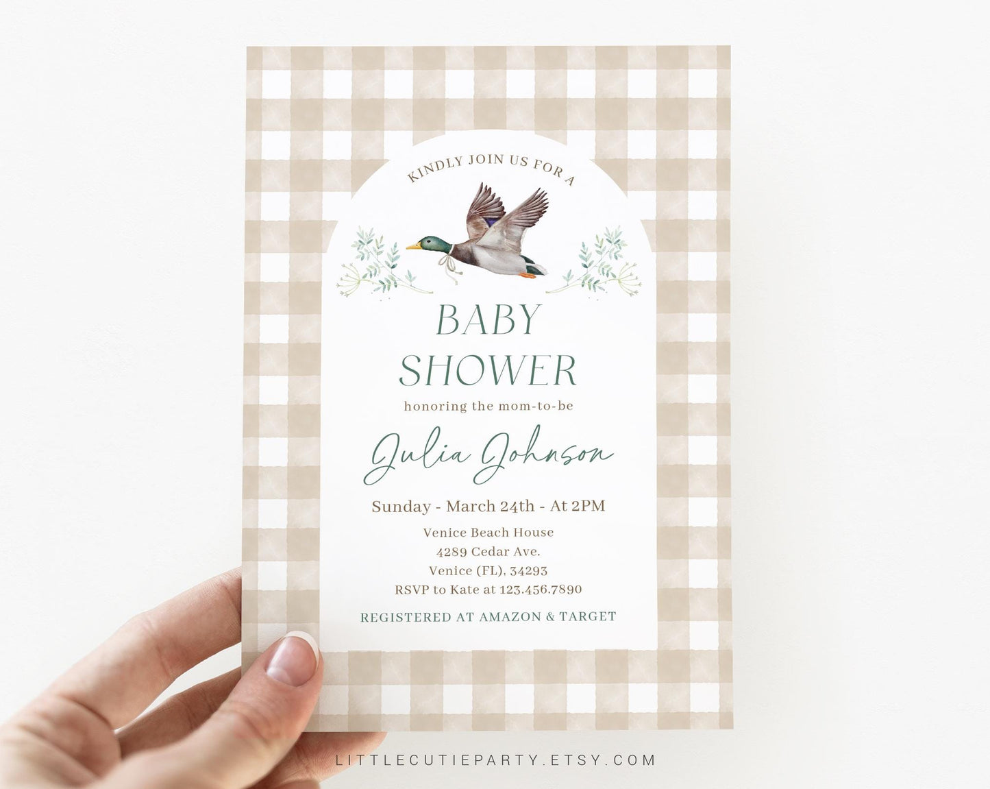 Editable Mallard Baby Shower Invitation, Hunting Baby Shower Gender Neutral with Diaper Raffle, Books for Baby and Tag MALBS002