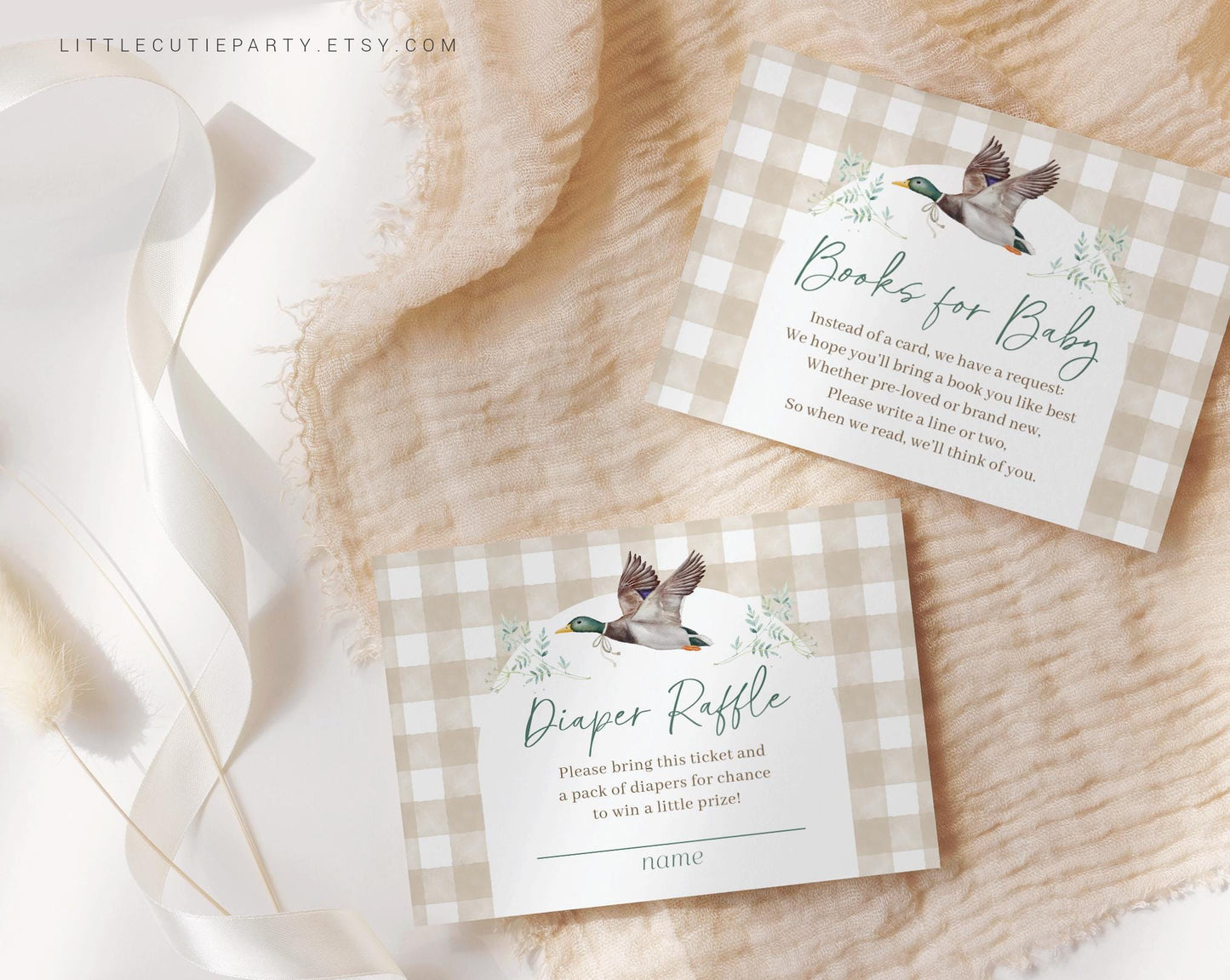 Editable Mallard Baby Shower Invitation, Hunting Baby Shower Gender Neutral with Diaper Raffle, Books for Baby and Tag MALBS002