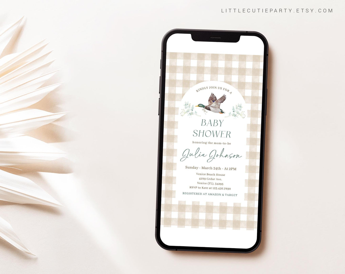 Editable Mallard Duck Baby Shower Invite, Mallard Baby Shower Invite Set, Gingham Duck Digital Invitation Evite MALBS002