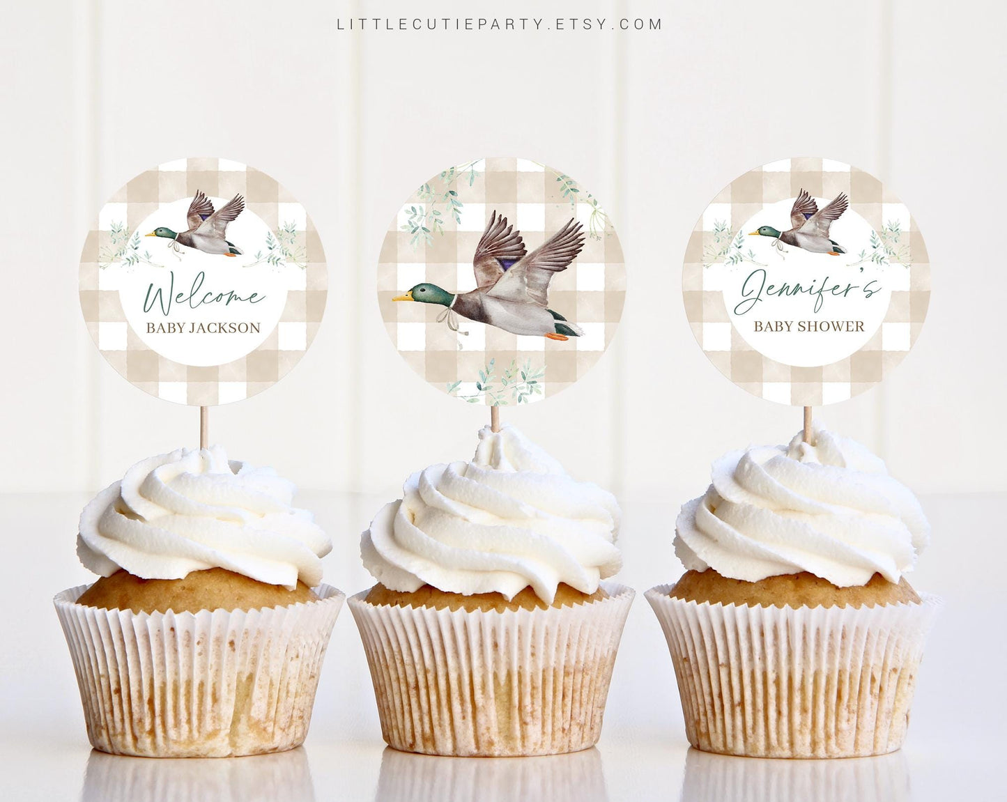 Editable Mallard Duck Cake Topper, Gingham Duck Baby Shower Boy Cupcake Toppers, for Mallard Baby Shower Decorations MALBS002