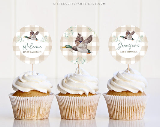 Editable Mallard Duck Cake Topper, Gingham Duck Baby Shower Boy Cupcake Toppers, for Mallard Baby Shower Decorations MALBS002