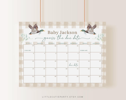 Editable Mllard Baby Shower Due Date Calendar, Mallard Duck Baby Games, Due Date Calendar for Gingham Duck Theme MALBS002