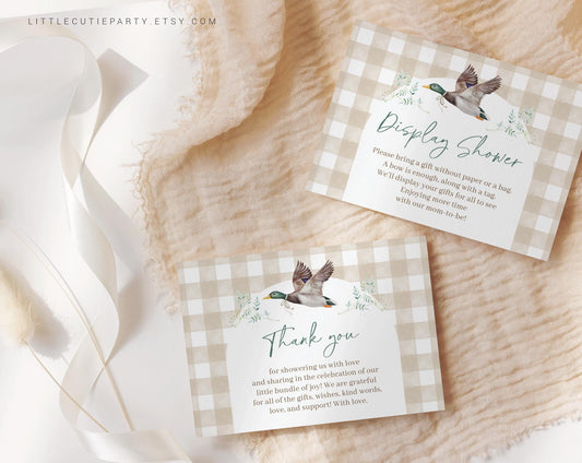Editable Mallard Baby Shower Thank you Card, Gingham Duck Baby Shower Display Card for Mallard Duck Baby Shower Decor MALBS002