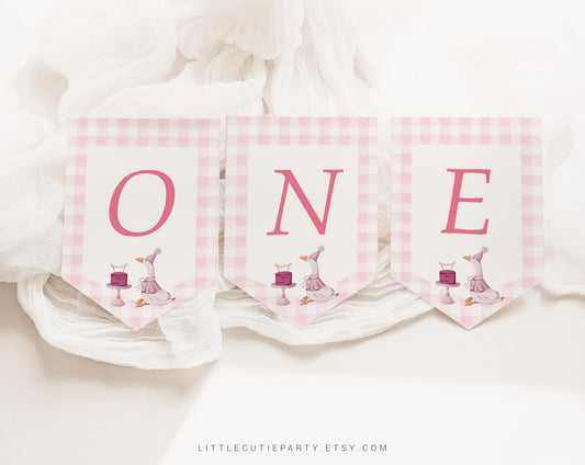 Editable One Silly Goose Highchair Banner, ONE Banner, Highchair Garland, Pink Goose First Birthday Girl Decorations GOSBD001