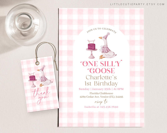 Editable One Silly Goose Birthday Invitation Invitation, Girl 1st Birthday Pink Invitation, Goose First Birthday Card with Gift Tag GOSBD001