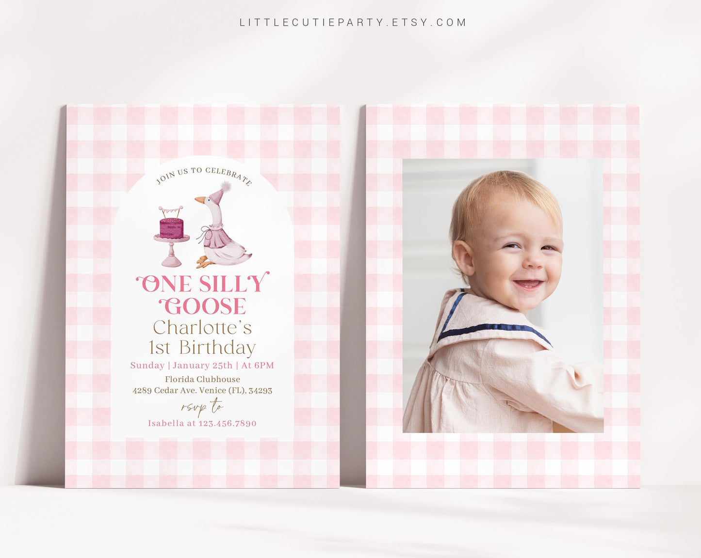 Editable One Silly Goose Birthday Invitation with Picture, Goose First Birthday Invitation, Goose Girl Birthday Invitation with Tag GOSBD001