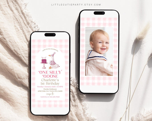Editable One Silly Goose Birthday Girl Invite, Girl 1st Birthday Pink Evite Template with Picture, One Silly Goose Evite with Tag GOSBD001