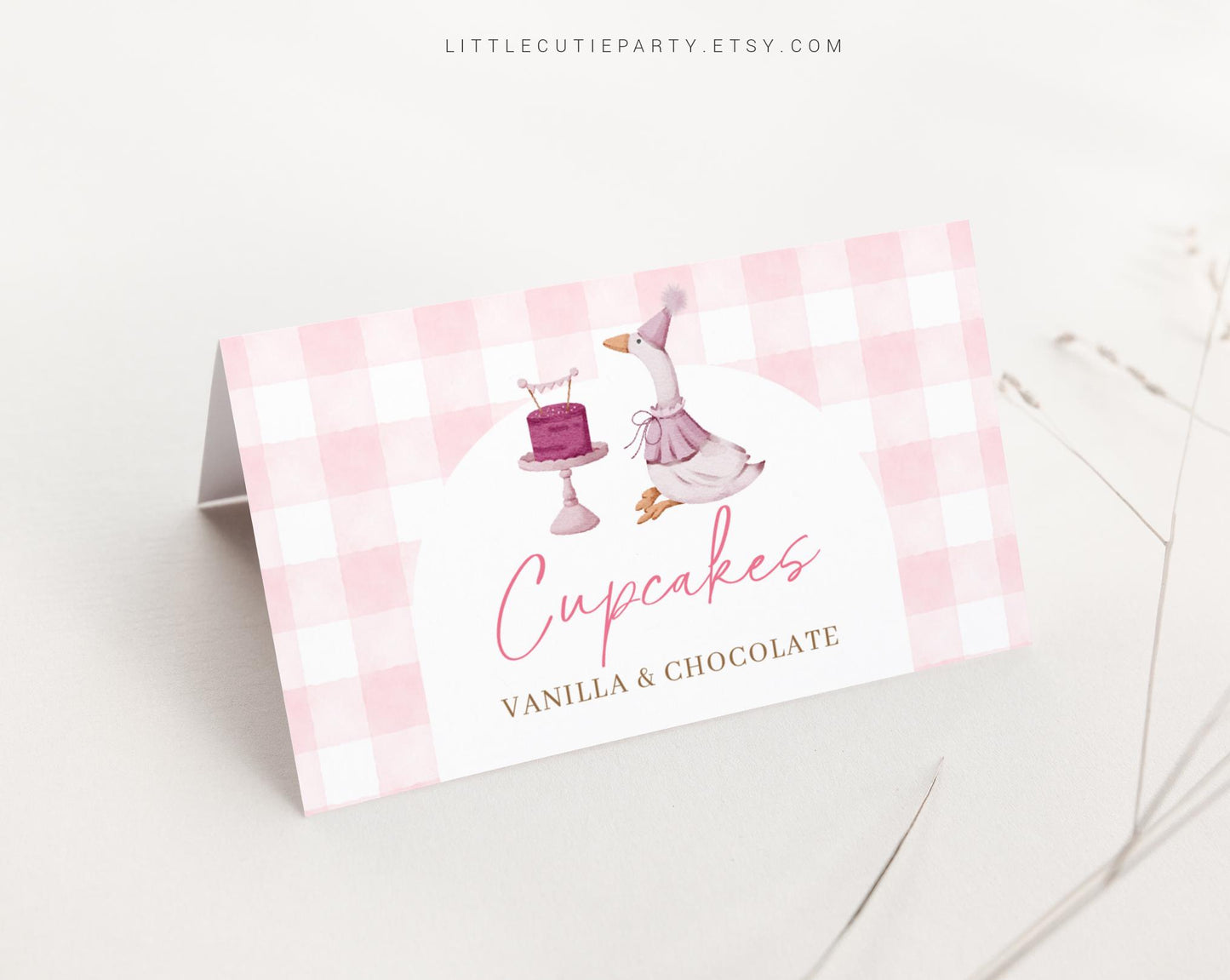 Editable Pink Goose Food Labels, Food Tent cards, Folded Food Cards for One Silly Goose Birthday Girl Decorations Theme GOSBD001