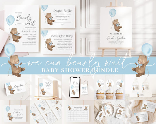 Editable We Can Bearly Wait Boy Baby Shower Invitation, Bearly Wait Blue Baby Shower Bundle, Game Bundle, with Baby Shower Activity BRWBS002