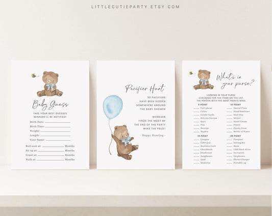 Editable Bearly Wait Boy Baby Shower Games, We Can Bearly Wait Blue Baby Shower Games Bundle, Baby Shower Activity BRWBS002