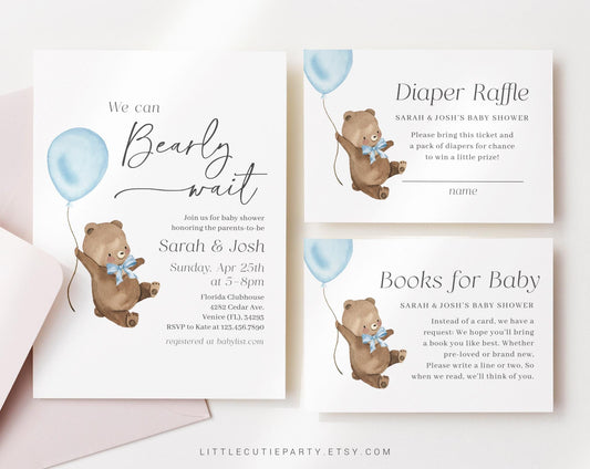 Editable We Can Bearly Boy Wait Baby Shower Invitation, Bearly Wait Blue Invite with Diaper Raffle, Books for Baby and Tag BRWBS002