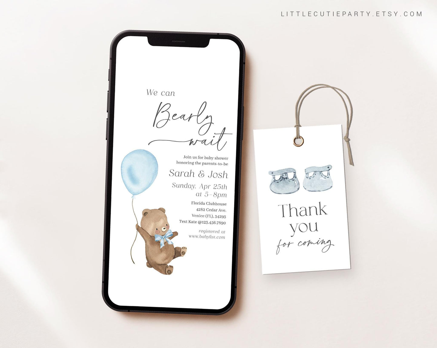 Editable Bearly Wait Boy Invite, We Can Bearly Wait Blue Baby Shower Invitation, Electronic Invite for Baby Shower Party with Tag BRWBS002
