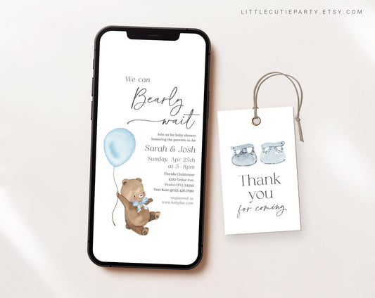Editable Bearly Wait Boy Invite, We Can Bearly Wait Blue Baby Shower Invitation, Electronic Invite for Baby Shower Party with Tag BRWBS002