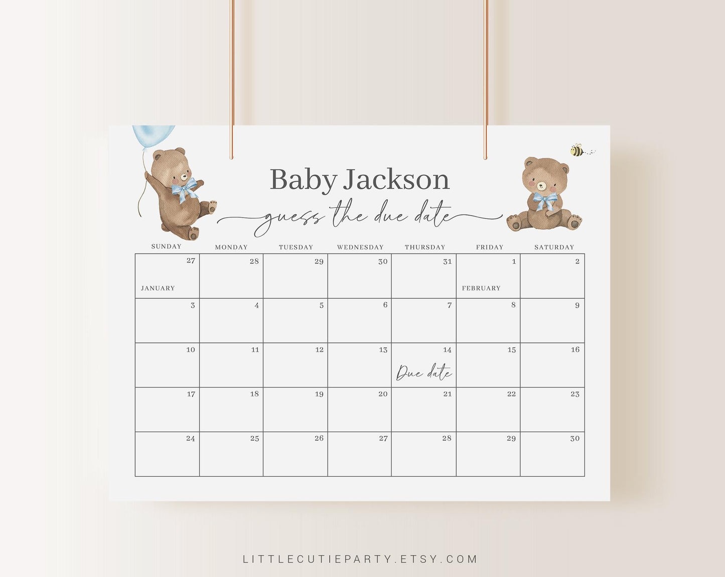Editable Bearly Wait Boy Baby Shower Calendar, We Can Bearly Wait Blue Due Date Calendar, Due Date Calendar Game for Baby Shower BRWBS002