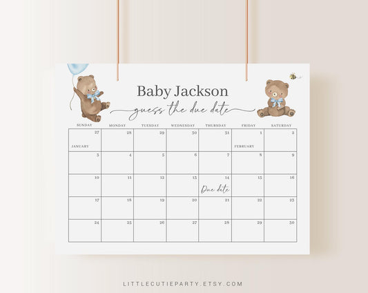 Editable Bearly Wait Boy Baby Shower Calendar, We Can Bearly Wait Blue Due Date Calendar, Due Date Calendar Game for Baby Shower BRWBS002